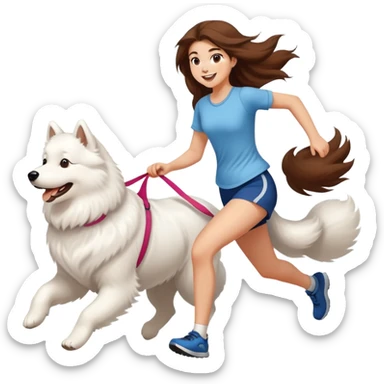 A beautiful girl with long hair runs with a Samoyed sticker