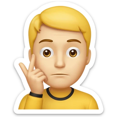 animated thinking face emoji, yellow face, one eyebrow raised, hand on chin, animated, questioning look sticker