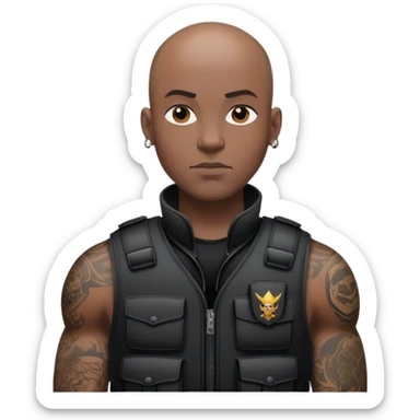 black soldier tattooed bald head in black bulletproof vest sticker