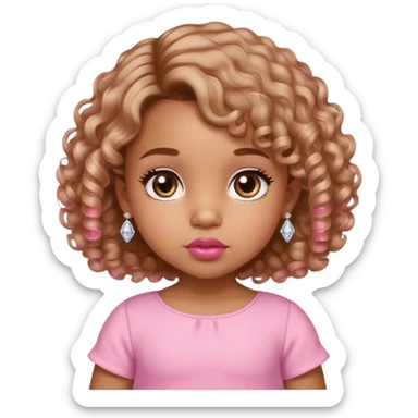 light brown skin tone, very adorable toddler, with big plump lips, long long lashes, curly bob, brown eyes, pink dress, diamond stud earrings sticker