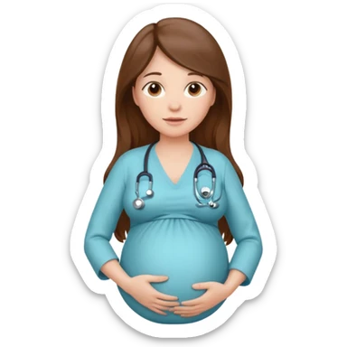 A pregnant woman with long brown hair belly with a stethoscope sticker