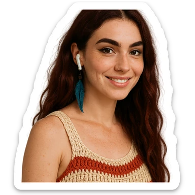 Creative bohemian young woman: fair skin, freckles, oval face, defined cheekbones, warm smile. Hazelnut brown eyes, bold eyeliner, thick arched brows. Long, wavy, deep dark red hair, two loose strands. AirPods, handmade woven top (beige/ecru/terracotta), blue feather earring, nose piercing right. Artistic, modern, connected. sticker