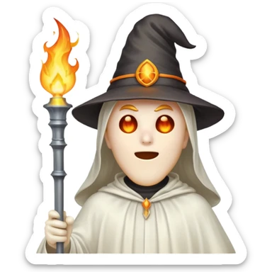 A man in a ghost costume with a pointy hat and torch sticker
