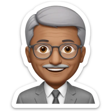 60 yr old indian man, short straight dark grey hair brushed foreward , light grey business suit, big smile, dark brown skin, no moustache, dark brown eyes, glasses
 sticker