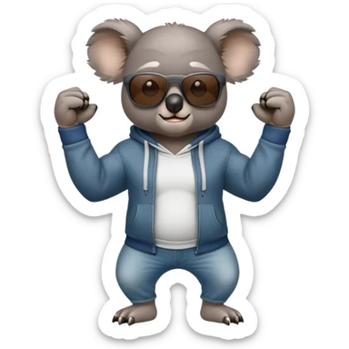 anthropomorphised koala, full body, wearing a hoodie and jeans, dark sunglasses, flexing muscles in a different pose sticker