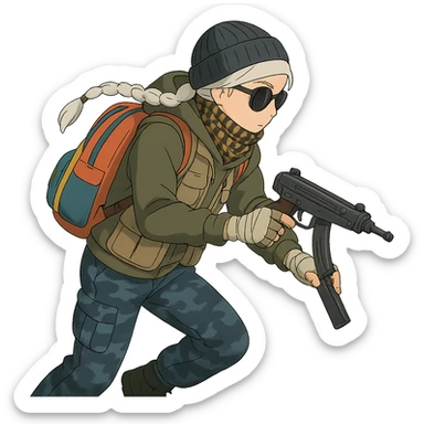 1 female, long white braid, knit cap, dark sunglasses, shemegh neckwrap, fishing vest, vibrant shool backpack, drab hoodie, handwraps, blue camo pants, tactical reload of a VZ-64 Scorpion, hunched over, on the move sticker
