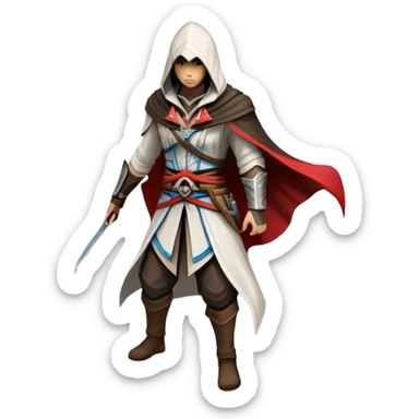 An icon representing an adventure game, inspired by Assassin's Creed. The design features a heroic character in hooded attire, scaling a tall building in a historical cityscape. The background shows ancient architecture and hidden symbols, symbolizing exploration and stealth. Transparent background  sticker