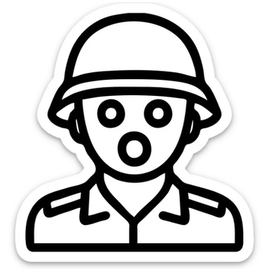 simple modern icon of a surprised soldier with wide eyes and open mouth, wearing a classic helmet, minimal lines, clear shapes, suitable for icon use sticker