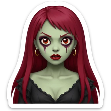vampira gótica parda zumbi de cabelo longo e vermelho extremamente escuro e franja e roupa com decote e batom preto sticker
