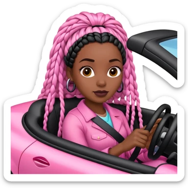 A dark-skinned Black woman with black box braids, driving a pink car sticker