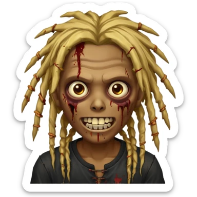 zombie with brown skin, messy gold dreads hair, wide centered brown eyes, dark bloody marks under the eyes, and a smile showing shiny metal teeth,black shirt, giving a distressed, undead look. sticker