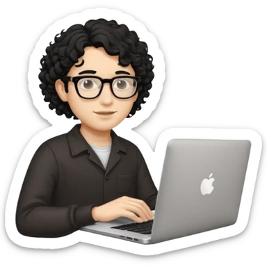 guy with wavy kinda curly black hair and light-to-medium skin tone like cream and glasses, with a macbook sticker