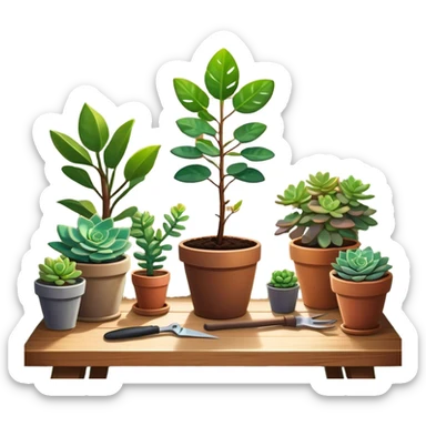 Close-up of a potted sapling in rich soil surrounded by vibrant plants and succulents. Bright sunlight filters through the window, casting soft shadows. Nearby gardening tools rest on a wooden table. Cozy indoor atmosphere with greenery and flowers. sticker