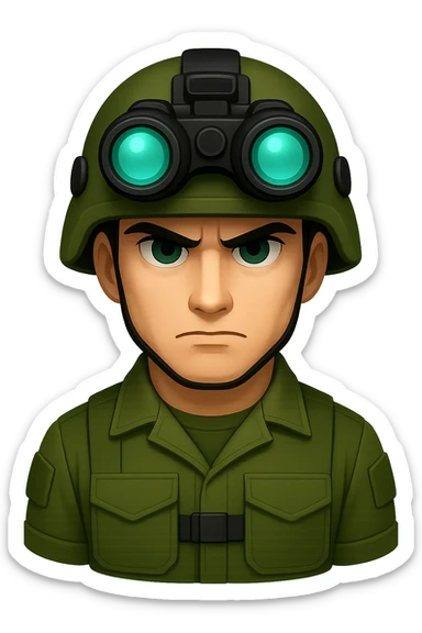 Make the white-skinned male soldier look even cooler and more intimidating, wearing stylish green gear, a distinctive modern helmet, and night vision goggles. Render in emoji style with no background (transparent). sticker