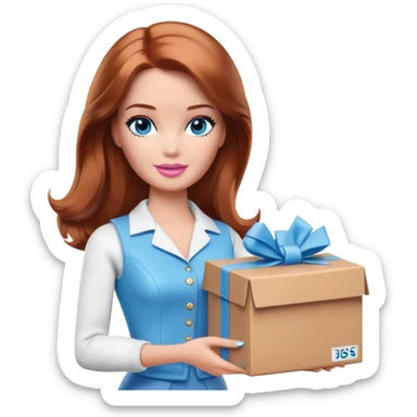 Barbie with shoulder-length reddish brown hair, blue eyes and makeup in white and brown clothes holds a box with a package sticker