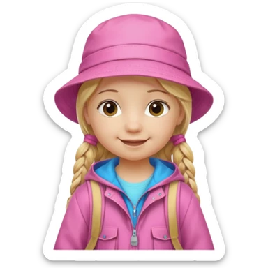 Little girl kid student, long braid blonde, wears pink bucket hat and jacket, backpack, happy sticker
