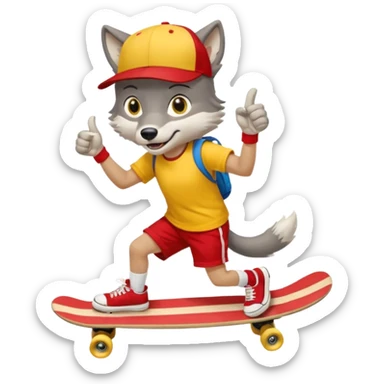 A gray wolf with large, expressive eyes and a friendly smile. The gray wolf is wearing a bright yellow T-shirt, red shorts, white knee socks, and sneakers. The baseball cap is worn backwards. The wolf holds a skateboard in one hand and gives a thumbs-up with the other, a confident and cheerful pose. sticker