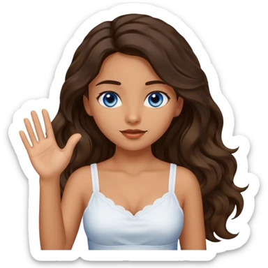 Girl with olive skin, blue eyes, brown dark insanely wavy long hair, white camisole, left hand palm up sticker