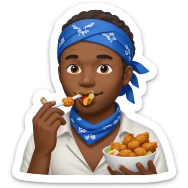 black man eating fried chicken with blue bandana and cigarette in teeth. Create this emoji in apple emojis style sticker