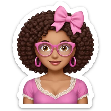 medium skinned afro-latina girl with medium length chocolate brown side part curly hair, brown eyes, pink sweetheart necklined top with lace, round wide-ish nose, chubby long shaped face, pink bow, brown glasses sticker