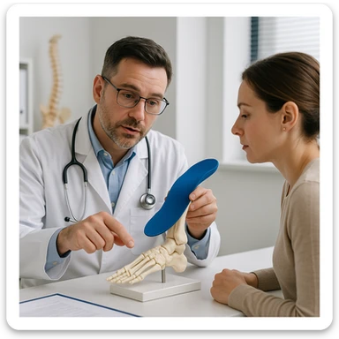Realistic 4K image of a woman consulting an orthopedist who is pointing to an anatomical foot model, showing an orthotic insole and explaining her postural problems, professional medical environment. sticker
