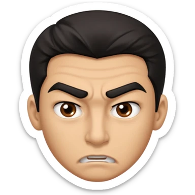 emoji de un joven, con cejas gruesas que parece enojado, nariz medio grande, hombros anchos, sin sonrisa, hombros anchos, cabello medio ondulado con un corte juvenil, cabello negro. ojos negros. sticker