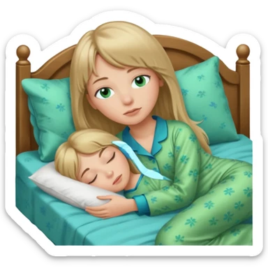 Woman with blue eyes and long dark blond hair and a bang, sleeping in bed  with green pyjama sticker