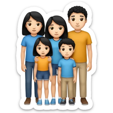 Hispanic family of five standing close together, mom with long straight hair, dad with short curly hair, two boys with matching short hair, one girl with long straight hair, no raised hands, transparent background sticker