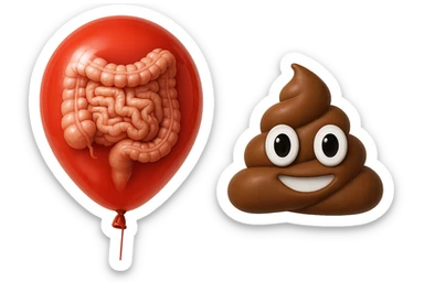 intestino umano anatomico chiuso in un palloncino rosso che simboleggia gonfiore, accanto un simbolo di cacca stile emoji iphoneche simboleggia "diarrea", iperrealistico 4k sticker