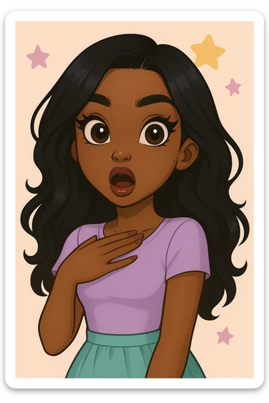 Remove any tears or crying, keep her shocked expression. Depict a 20-year-old anime Bratz style woman with dark skin, dark hair, cute pastel Y2K look, big expressive eyes, and glossy lips. sticker