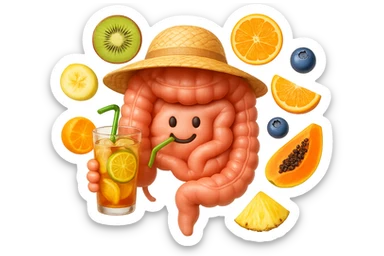 EMOJI STILE IPHONE DI INTESTINO UMANO REALISTICO CON CAPPELLO DI PAGLIA DA SPIAGGIA CHE BEVE UN Tè FREDDO IN BICCHIERE DI VETRO CON DENTRO  fette di cetriolo, limone, lime, DIETRO L'INTESTINO FLUTTUANO PEZZETTI DI Kiwi
Banana acerba
Arance e mandarini
Mirtilli
Ananas
Papaya
IPERREALISTICO 4K sticker