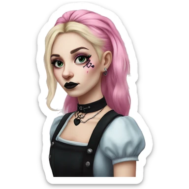 Realism punk goth Alice in Wonderland with neck tattoos, long blonde and pink hair, and dark eye makeup sticker