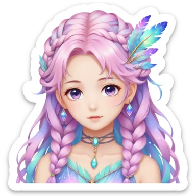 Beautiful gorgeous anime lady with beautiful iridescent-nebula-braided-hair, fashion aesthetic, ethereal, fairycore, pastelcore, feathers sticker
