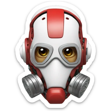 Red skin cyborg head with white respirator mask and circuitry sticker