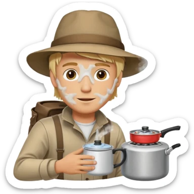 A blonde man camper boiling water on a portable stove, enjoying the outdoor sticker