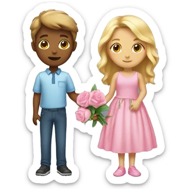 Girl wearing pink dress with a boy Holding flower  sticker