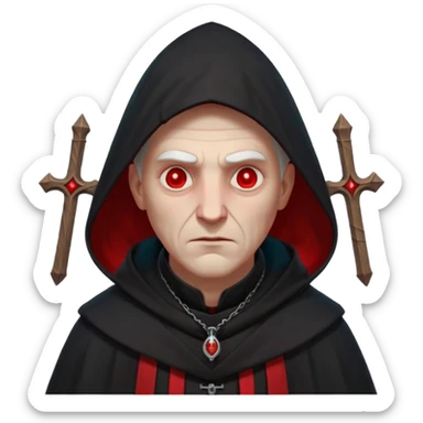 cursed village priest portrait, head and shoulders only, dark hooded robe, mysterious expression, subtle red accents, eerie glow, gothic village atmosphere, 3D cartoon, mobile game icon style, clean background, no text, no watermark

 sticker