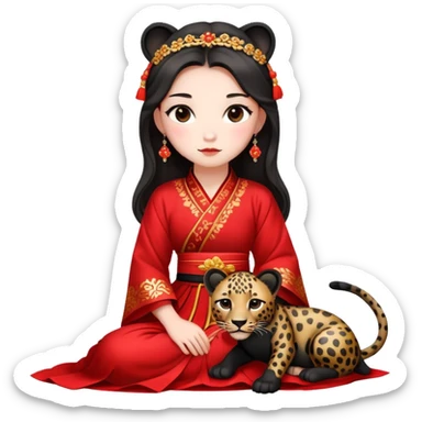 A beautiful girl in red Hanfu wedding dress sits on the ground holding a black leopard sticker