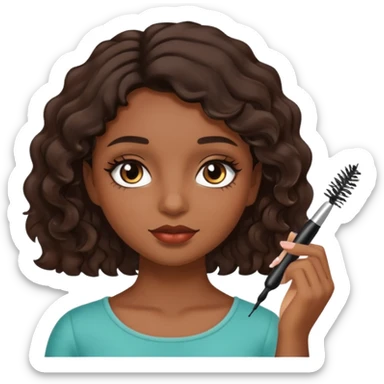 Garota parda de cabelos ondulados castanhos escuros curto aplicando máscara de cílios sticker