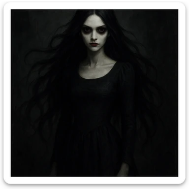 beautiful scary girl, pale flawless skin, long flowing black hair, elegant dress, unsettling aura, horror illustration sticker