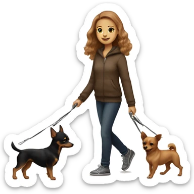 A light brown haired girl, walking one mini black and tan miniature Pinscher and one very big fluffy light brown Spitz on the lead sticker
