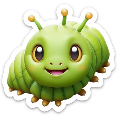 Cinematic Realistic Cute Caterpillar Portrait Emoji, Head tilted playfully and inquisitively, featuring a compact, segmented body in bright, vibrant green with delicate, inviting textures and a charming, rounded face with sparkling eyes full of curiosity, rendered with lifelike detail and natural highlights, high shine, affectionate and spirited, styled with a touch of garden whimsy, soft glowing outline, capturing the essence of a mischievous yet lovable caterpillar that seems poised to crawl cheerfully into your arms! sticker