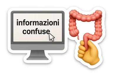 SCHERMO DI PC CON LA SCRITTA "informazioni confuse" SULLO SCHERMO E IL CLICK DEL MOUSE SULLA SCRITTA, stile emoji iphone fluttuano in aria stringendo in mano un pezzo di colon intestinale, iperrealistico 4k sticker