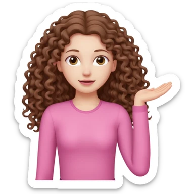 pale white girl with long brown curly hair stretching pink sticker