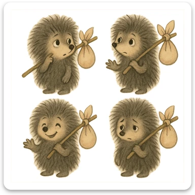 emoji set of a fluffy, thoughtful hedgehog from a Soviet cartoon, holding a bindle, in the style of Soviet animation with soft colors, transparent background, various emotions and poses sticker