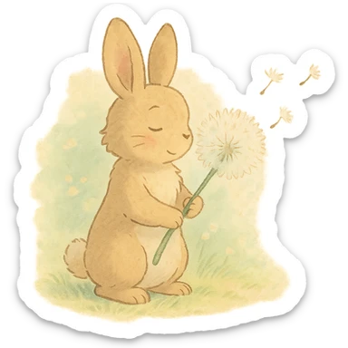 bunny holding a dandelion in the breeze, gentle spring vibe, soft pastel colors sticker