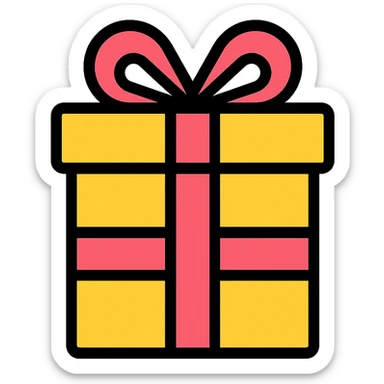 Add color to the gift icon using a yellow box with a pink ribbon, preserving the minimal, outlined icon look. sticker