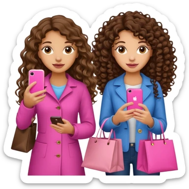2 girls going to shopping with a pink iPhone they are brunettes one with curly long hair and the another with VERY LONG hair brunette and they are pretty sticker