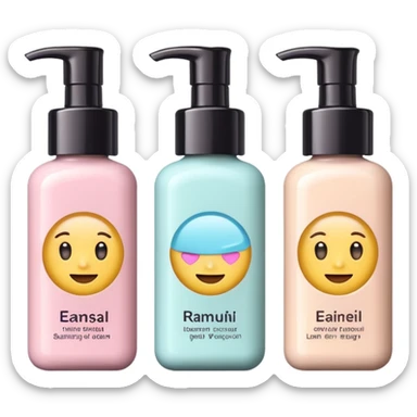 emoji of three different beauty products, with labels, minimalistic but luxury design (realistic), pastel colors sticker
