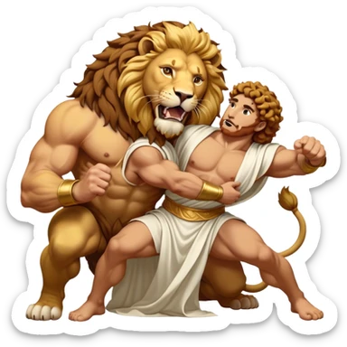 Cinematic Realistic Hercules Portrait, captured in a dramatic lion-wrestling pose that epitomizes raw, heroic strength. His light tan, athletic skin and thick, curly, golden brown hair are showcased as he grapples with a majestic lion, his refined face reminiscent of Michelangelo's David marked by noble determination. Draped in a flowing white robe with understated golden accents and crowned with a classic Greek laurel wreath, dynamic natural lighting accentuates every muscular contour and fierce, commanding expression, embodying the essence of ancient valor. sticker